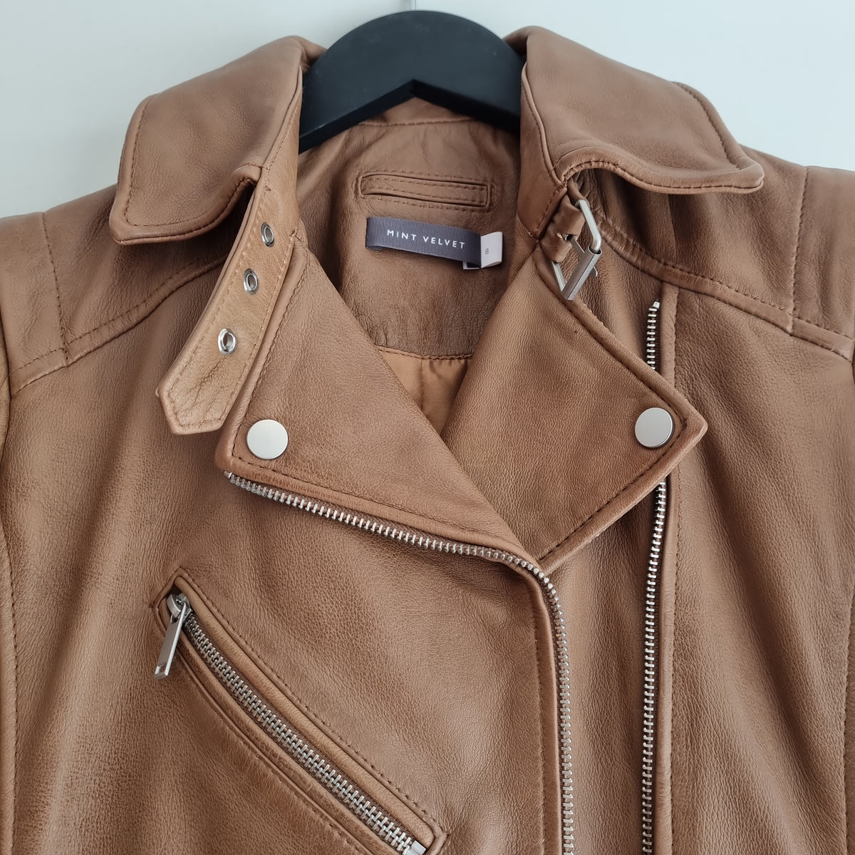 Mint Velvet leather biker jacket Tan Size 8