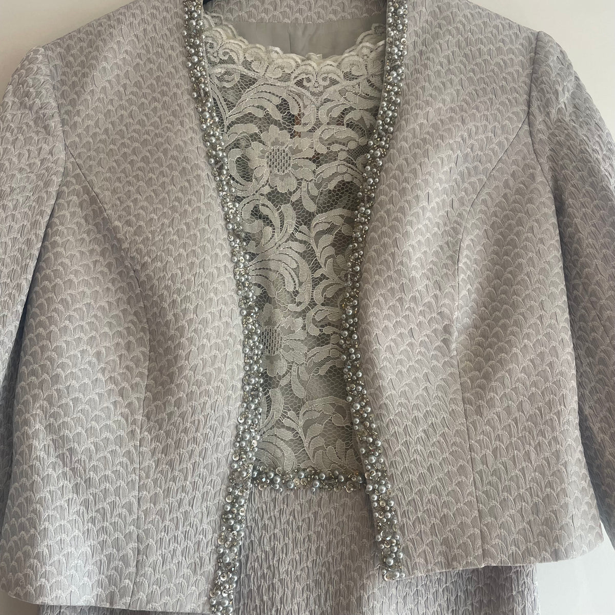 John Charles lace shell pattern occasion dress/jacket Ice Blue 12