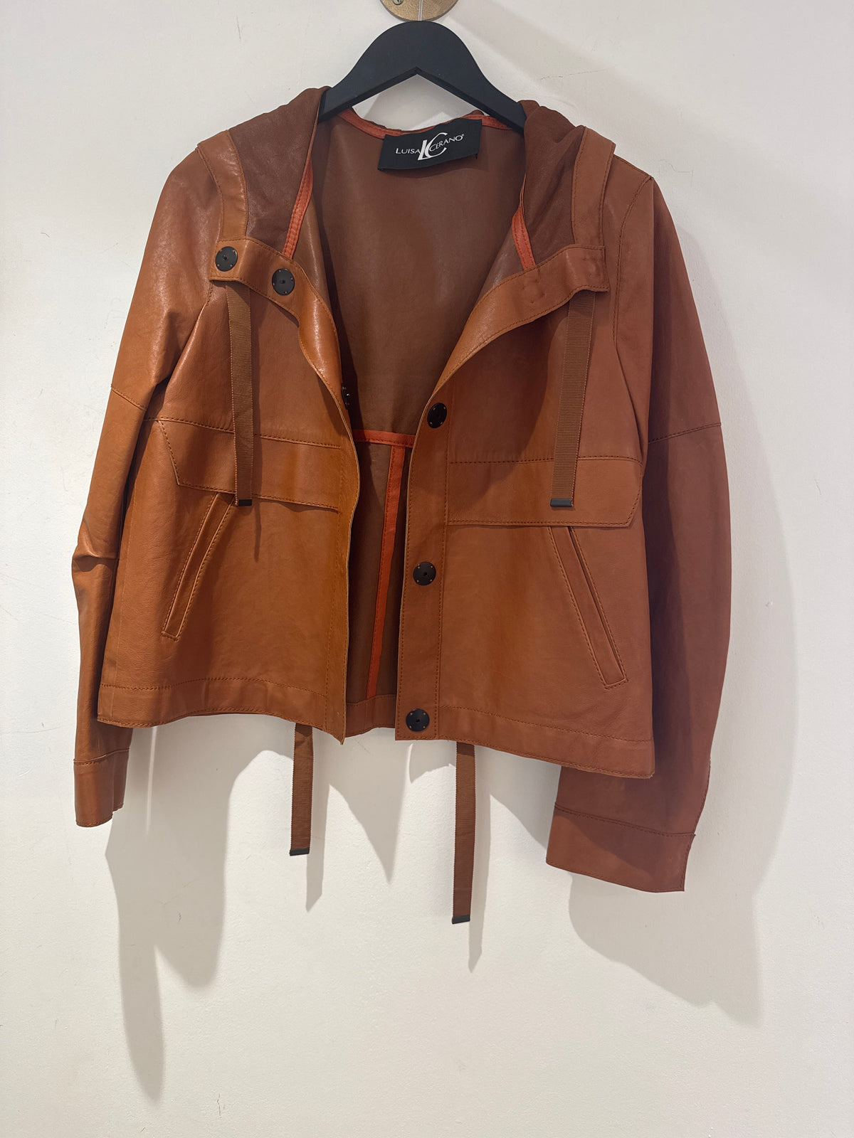 Luisa Cerano hooded lambskin leather jacket Tan Size 8
