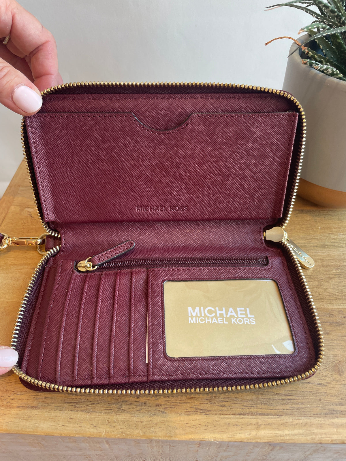 Michael Kors Saffiano Leather Zip Round Purse Burgundy One Size
