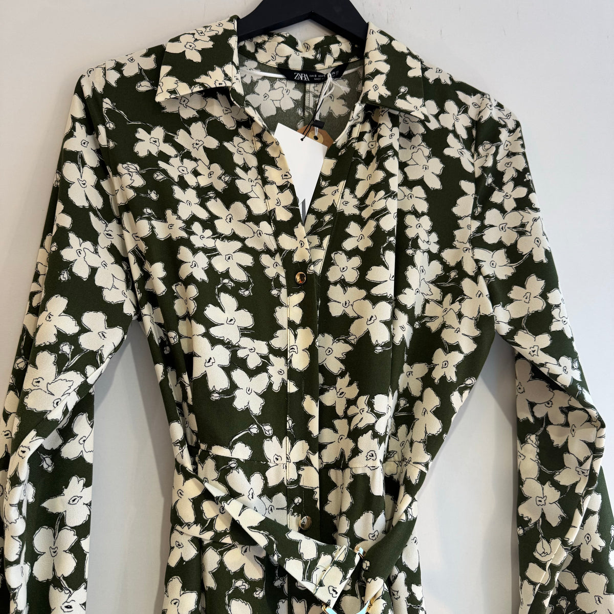 Zara flower print midi shirtdress Olive/White Small