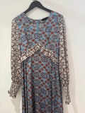 Jessica Russell Flint Dress Silk Blend Tile Print Pale Blue/Red Frill Size Small