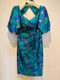 John Charles jacquard puff sleeve fitted dress Peacock Size 10