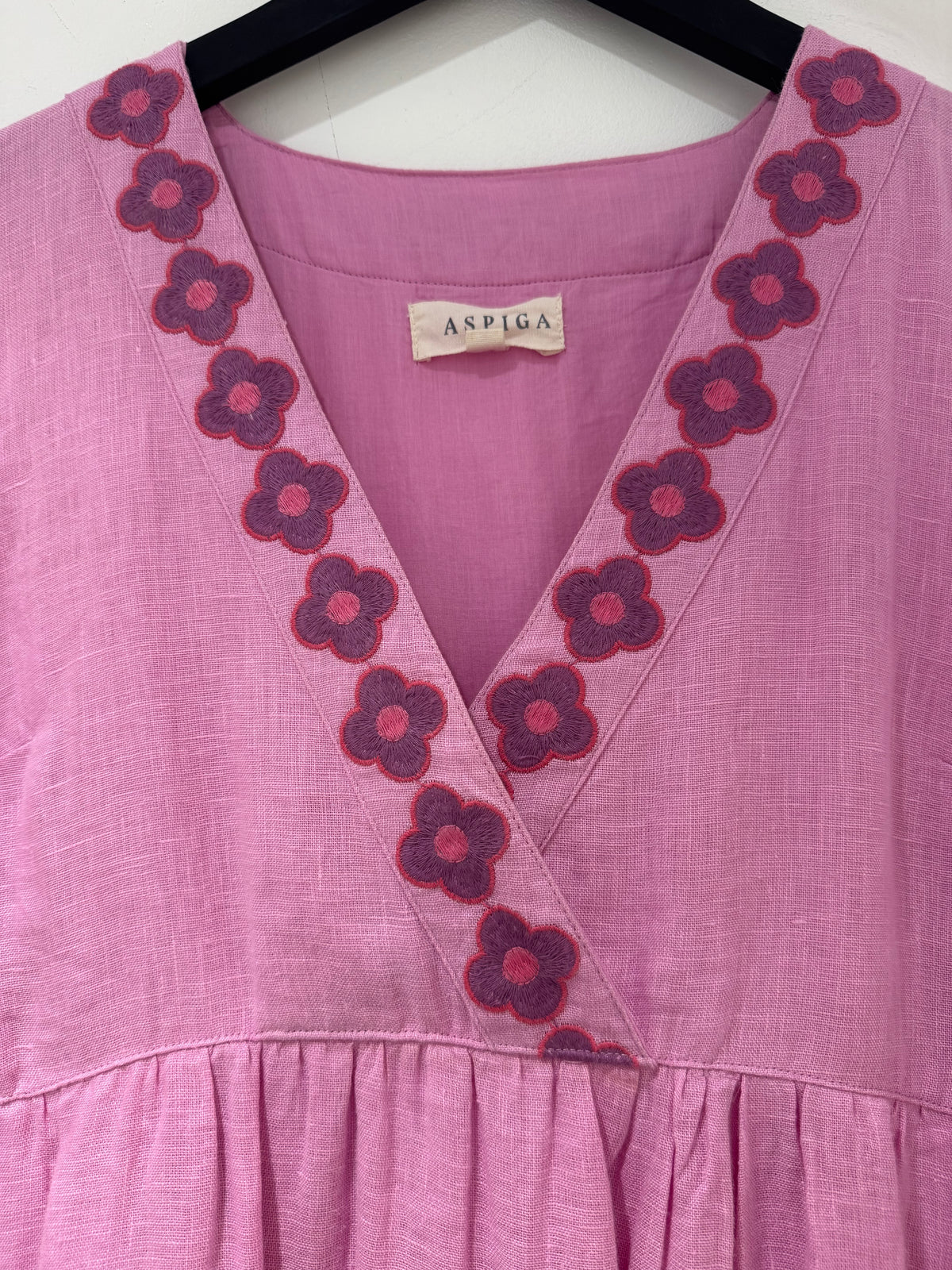 Aspiga Linen Tier Embroidered Dress Pinks Size Small