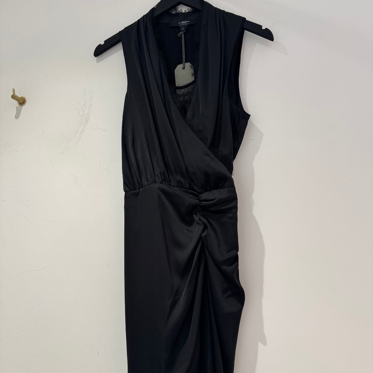 All Saints Abi Satin/Lace trim draped midi dress Black Size 6