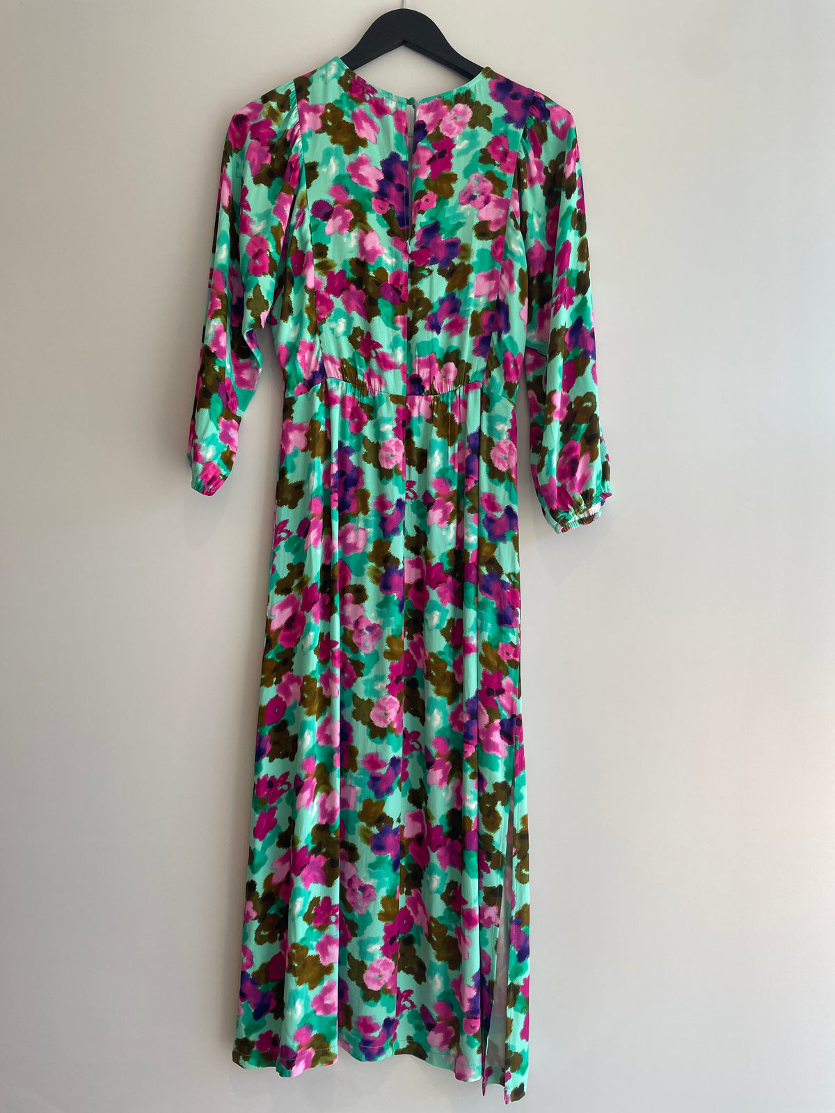 Oliver Bonas Blurred Floral Silky Midi Dress Green/Hot PInk Size 8