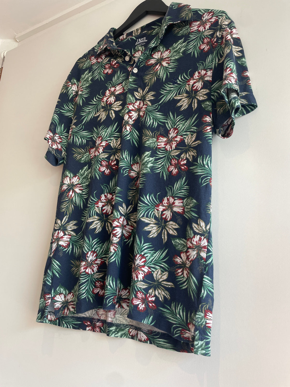 Izod Saltwater Polo Shirt Tropic print Navy/Green/Burg Size Large