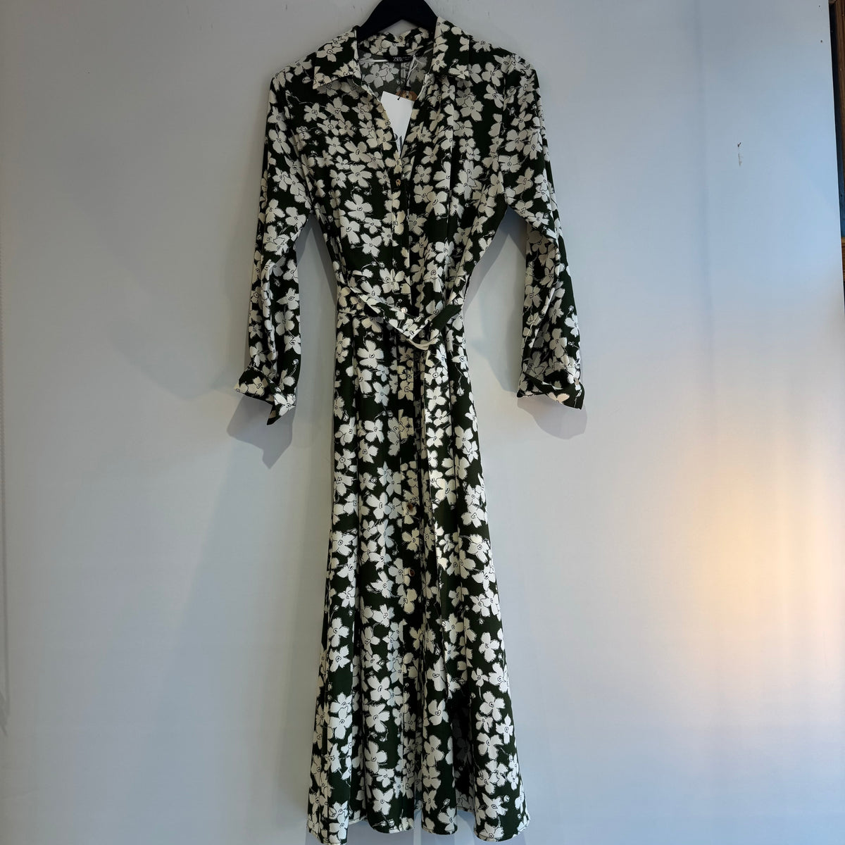 Zara flower print midi shirtdress Olive/White Small