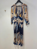 Charlotte Sparre Silk Blend Dress Camel/Blues/Ivory Deco Style Print Size Medium