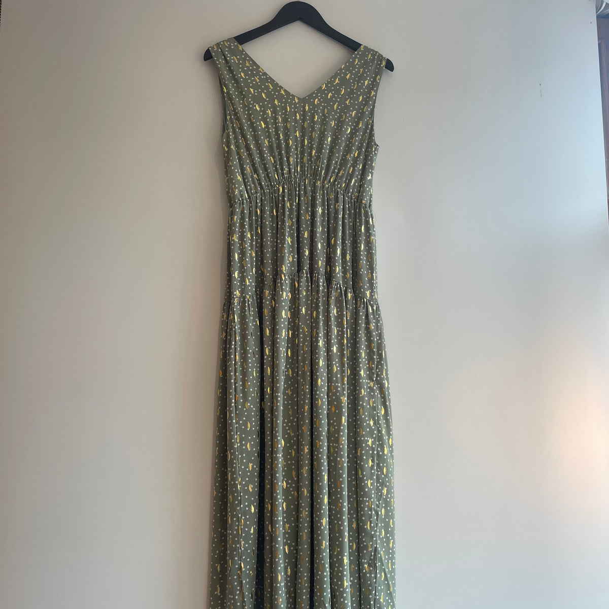 Blue Vanilla metallic feather print maxi dress Sage/Gold Size 14 Long