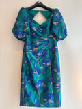 John Charles jacquard puff sleeve fitted dress Peacock Size 10