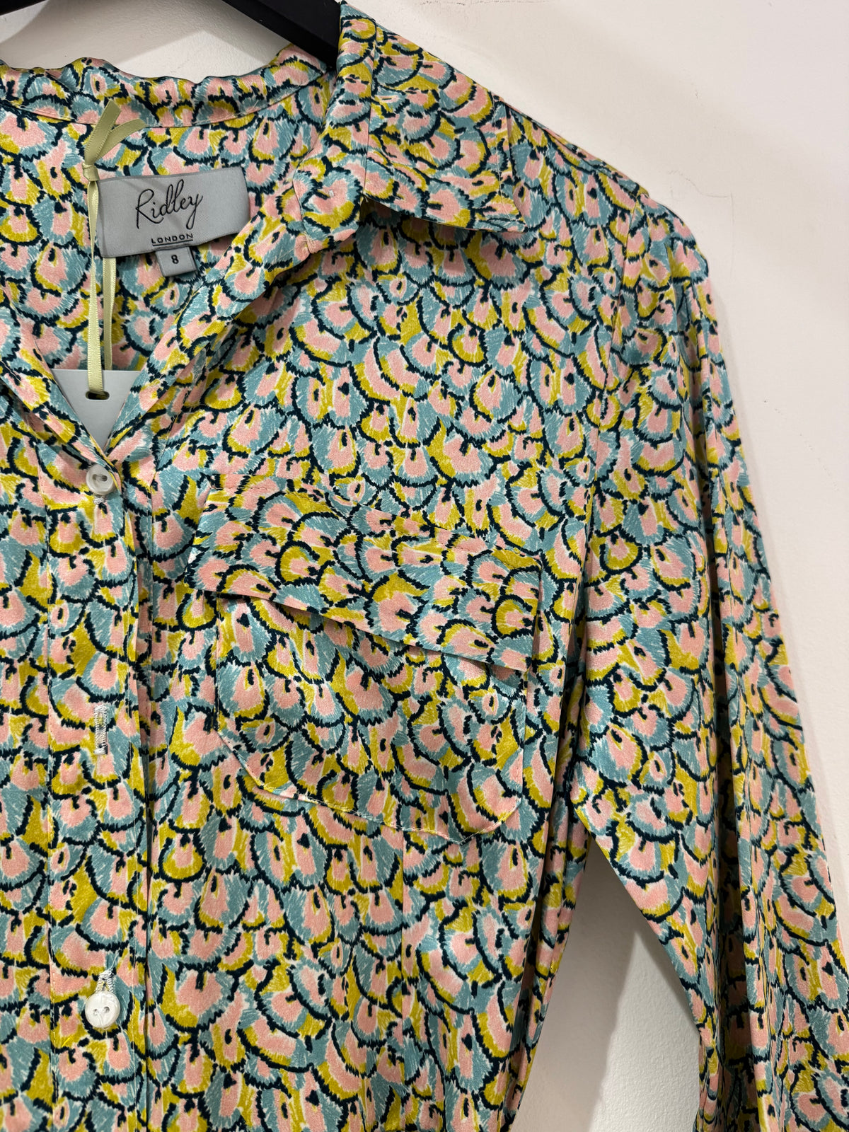 Ridley Fan print shirt dress Duck egg Blue/Chartreuse/Pink Size 8
