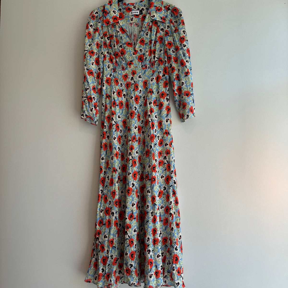 Rixo 'Cosmos' collar midi dress  Pale Blue/Red/White Size 10