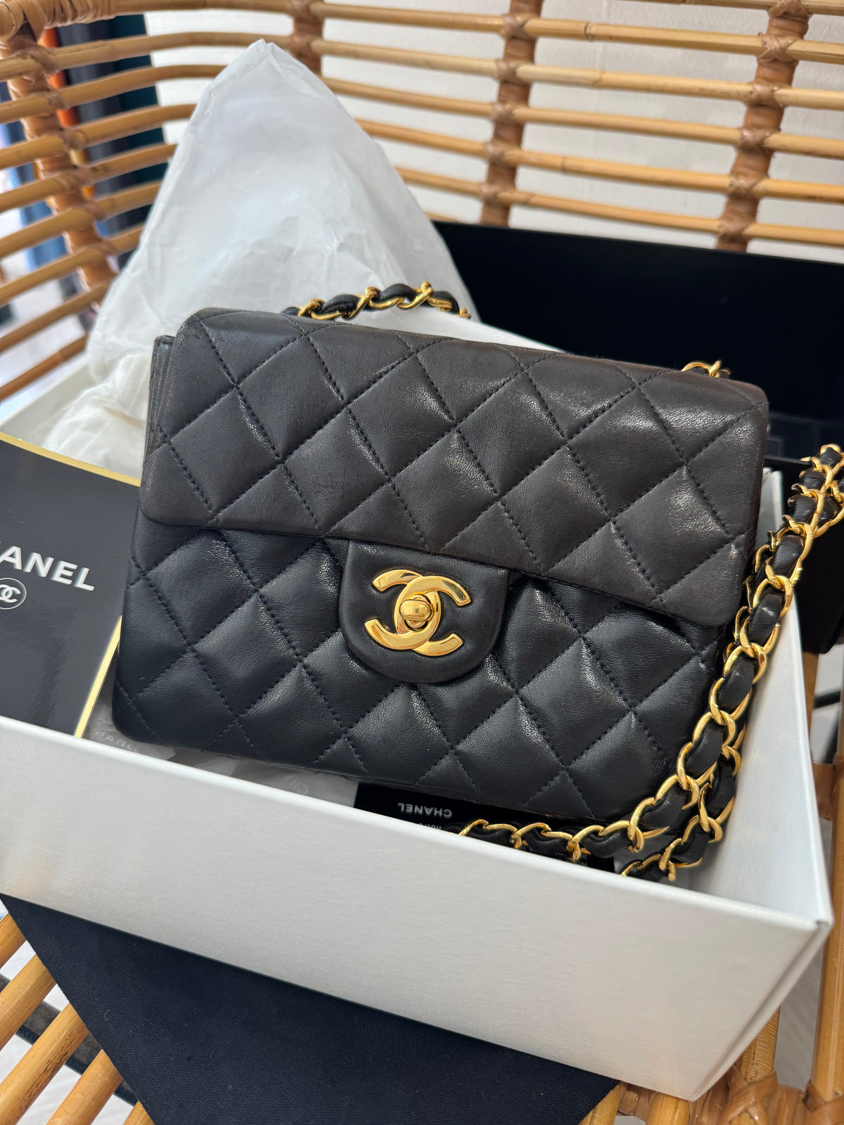Chanel vintage mini classic flap bag Black and Gold