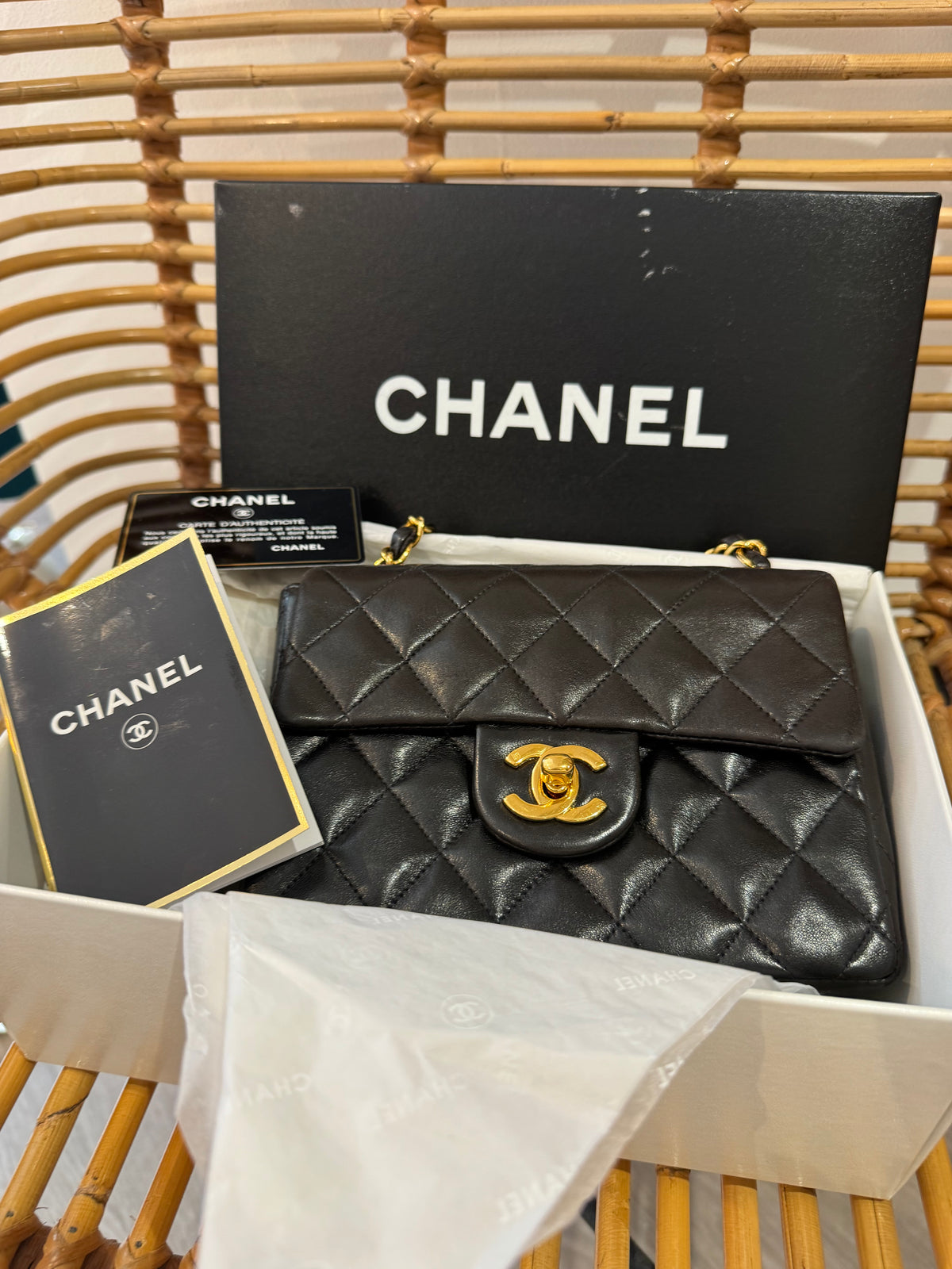 Chanel vintage mini classic flap bag Black and Gold