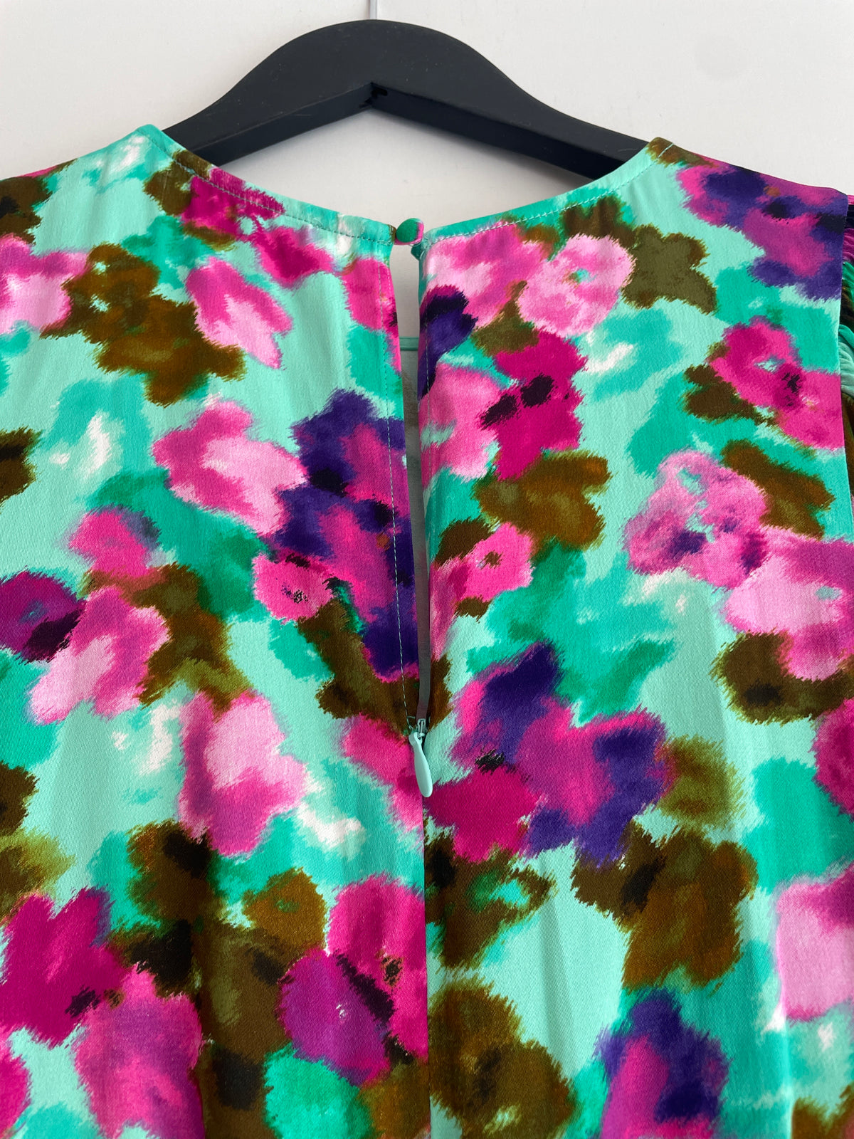 Oliver Bonas Blurred Floral Silky Midi Dress Green/Hot PInk Size 8