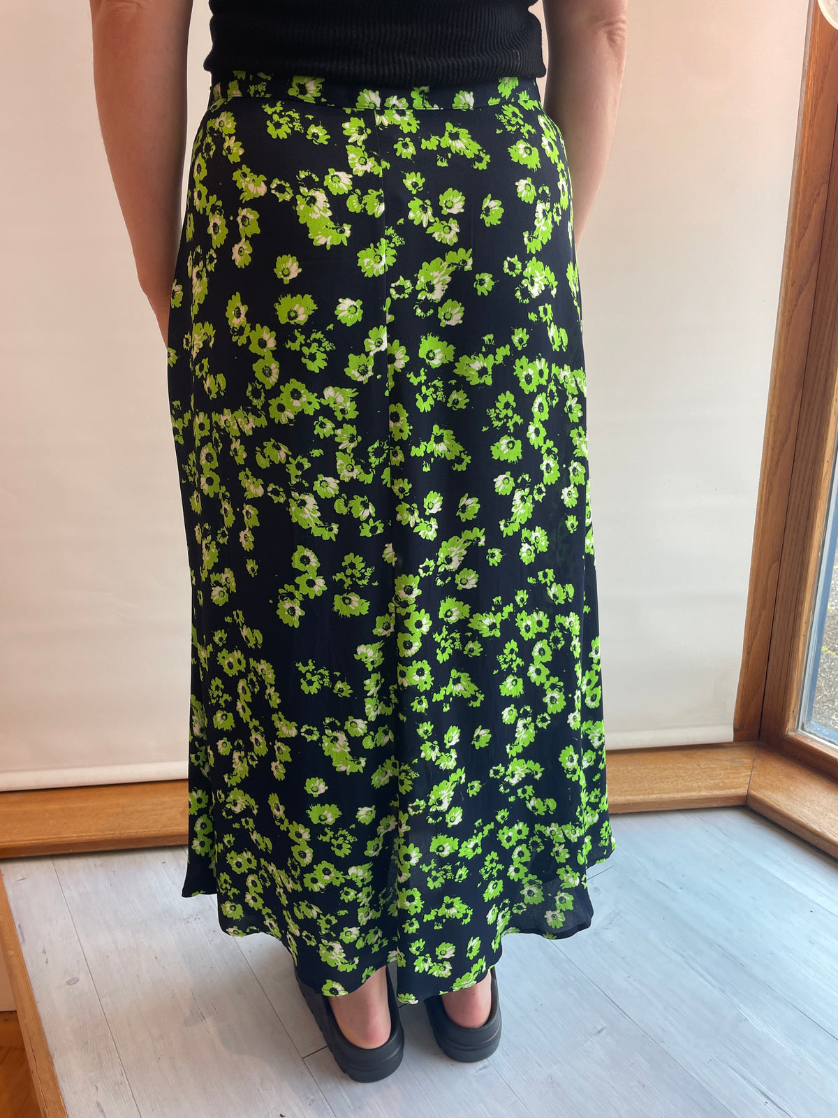 Whistles Midi Skirt Daisy Print Bright Green/White/Navy Size 10