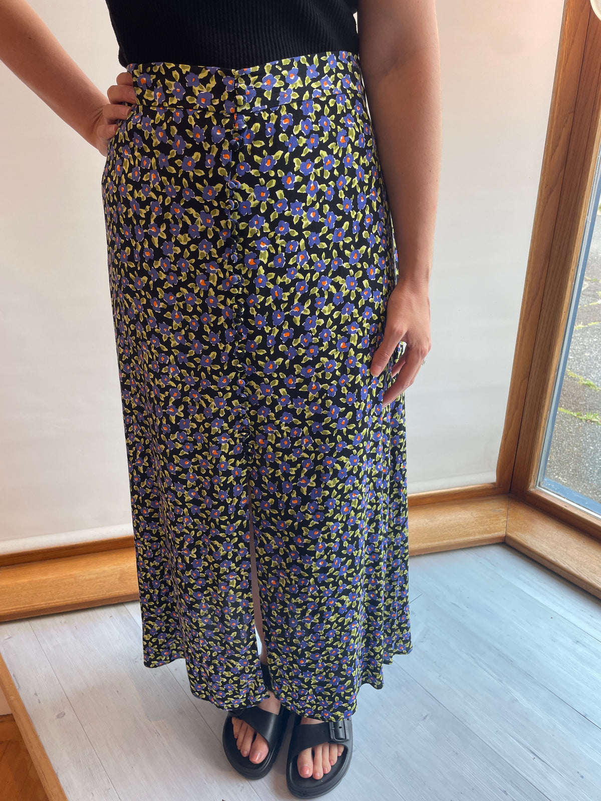 Zara floral print midaxi skirt Black/Blue/Green Size Large