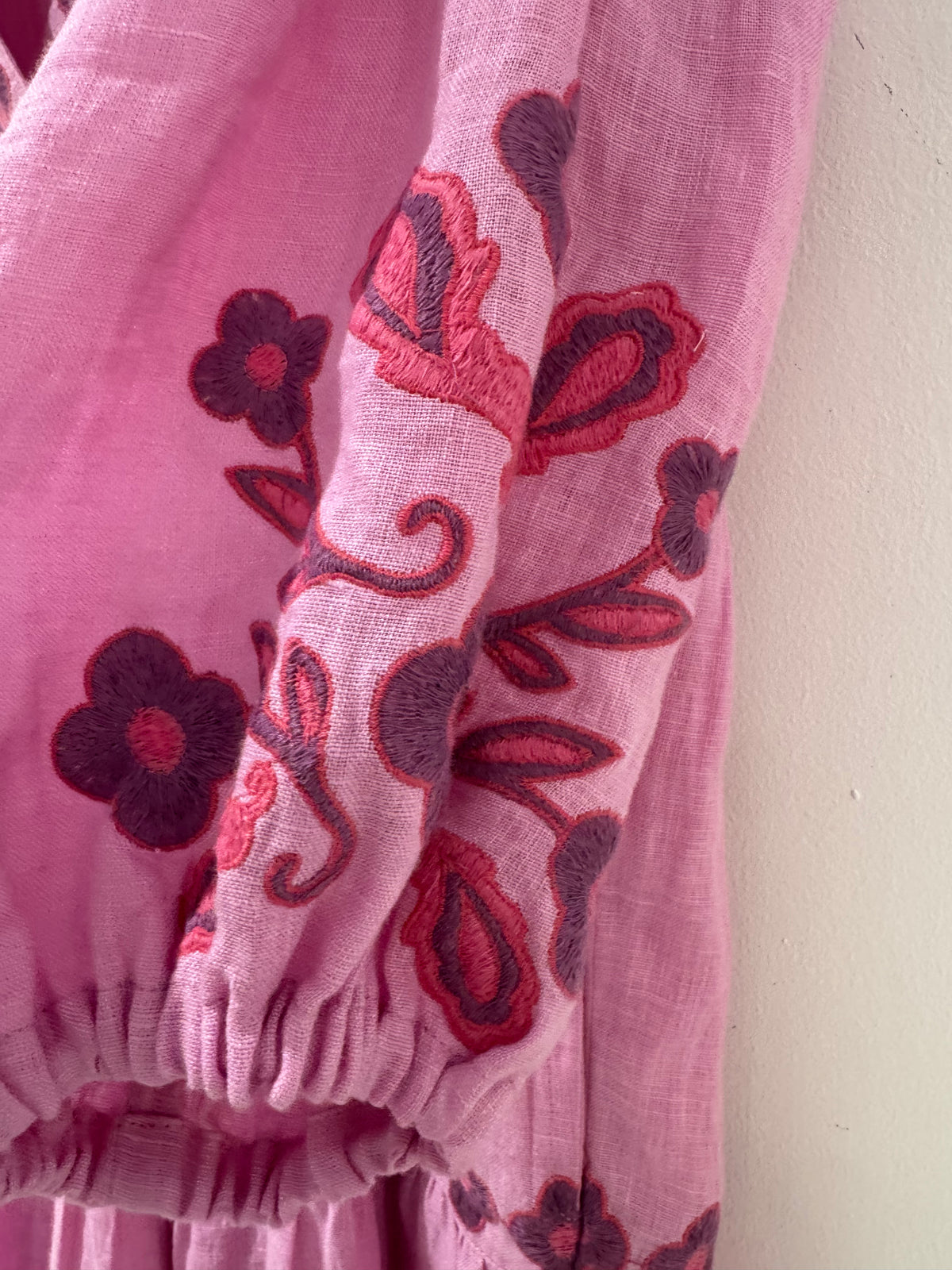 Aspiga Linen Tier Embroidered Dress Pinks Size Small