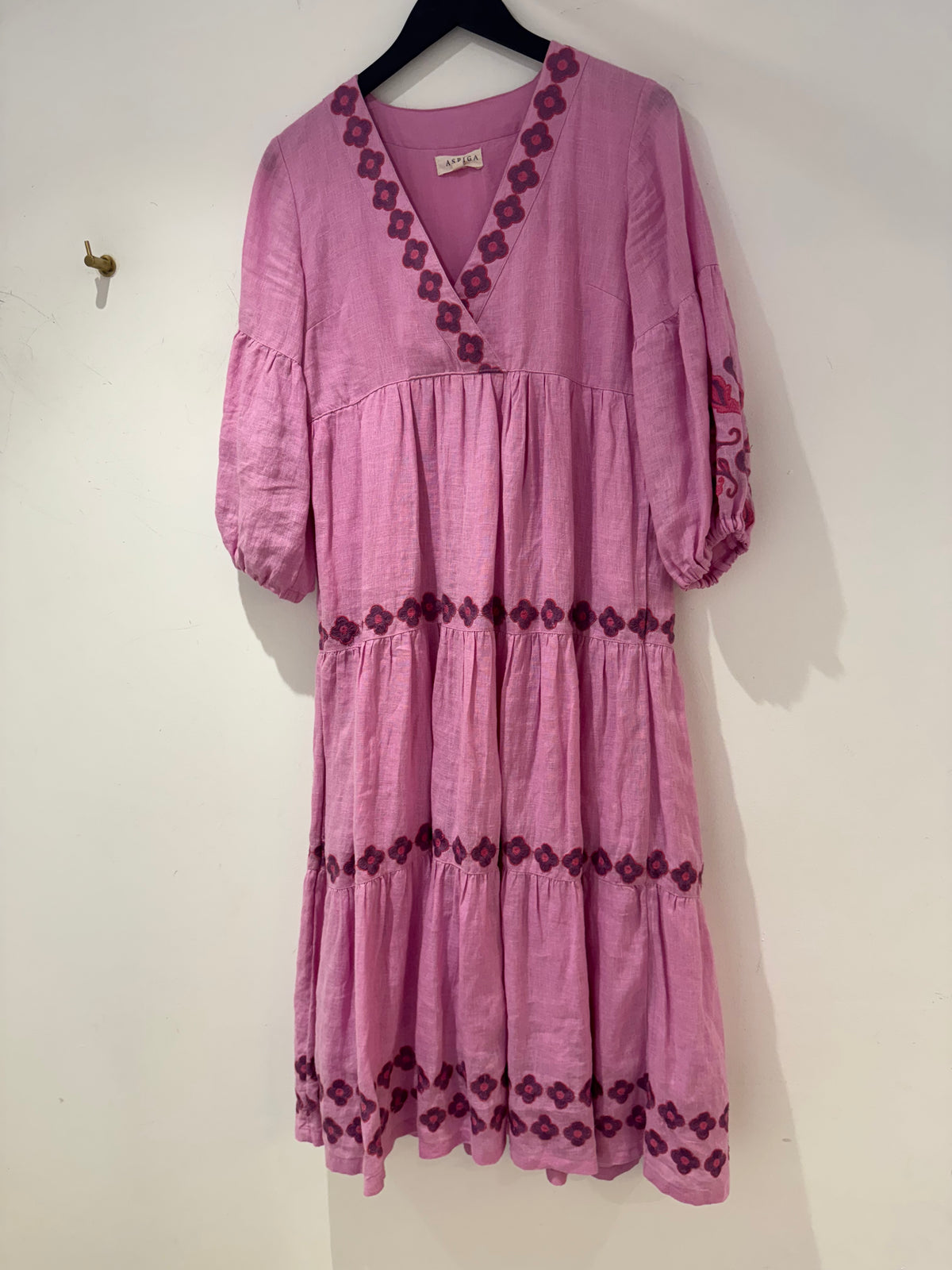 Aspiga Linen Tier Embroidered Dress Pinks Size Small