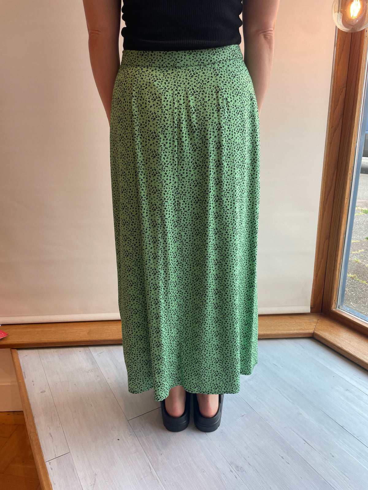 Whistles Button through Skirt Ditsy Animal Print Pale Green/Black Size 10
