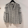 Mint Velvet Samara Print Ruffle Blouse Ivory/Blue Size Medium