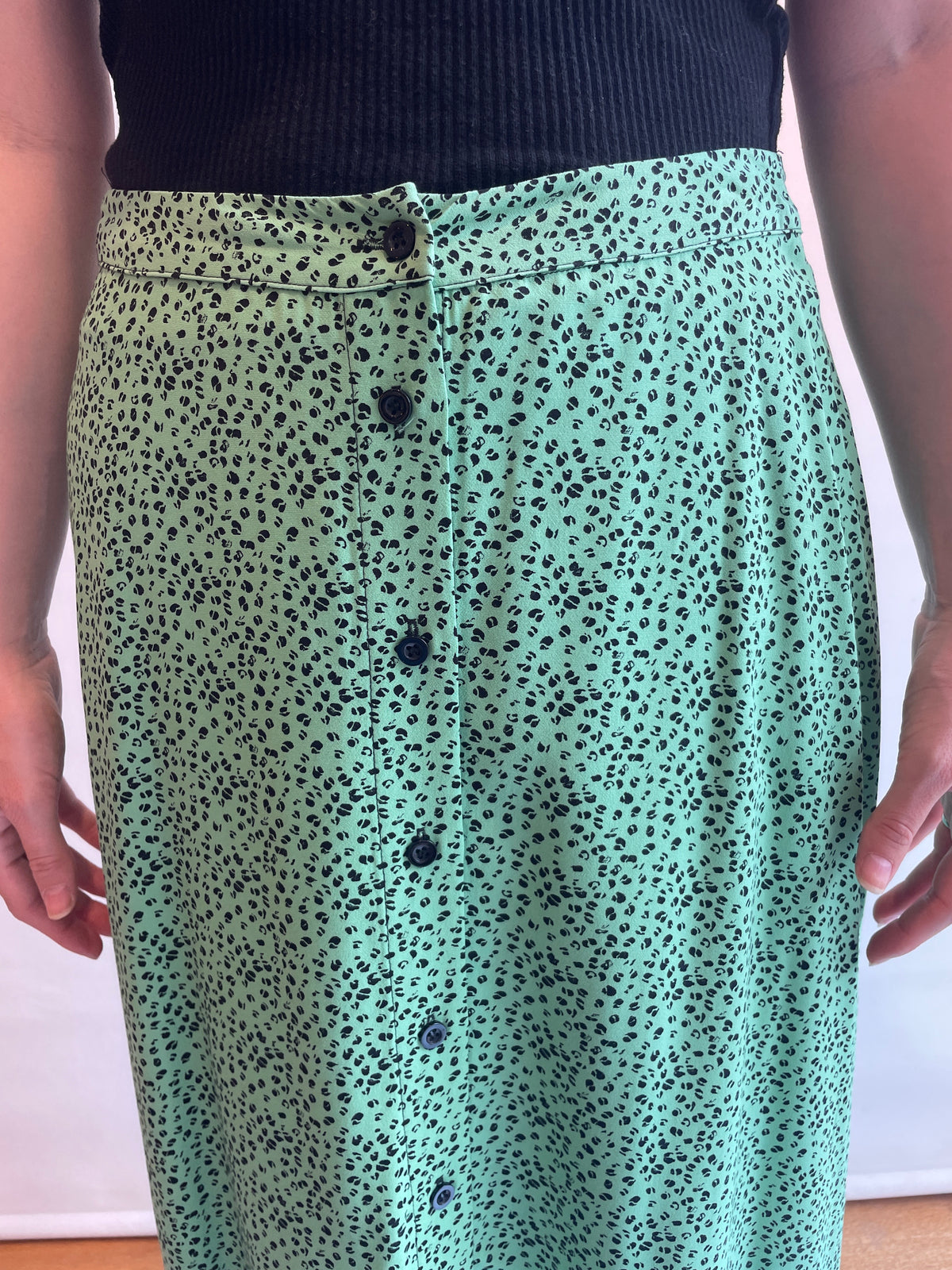 Whistles Button through Skirt Ditsy Animal Print Pale Green/Black Size 10