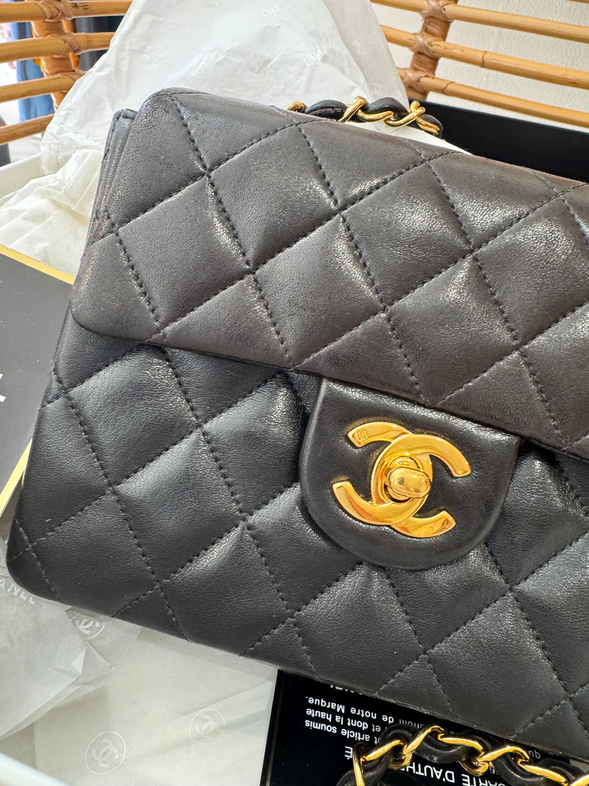 Chanel vintage mini classic flap bag Black and Gold