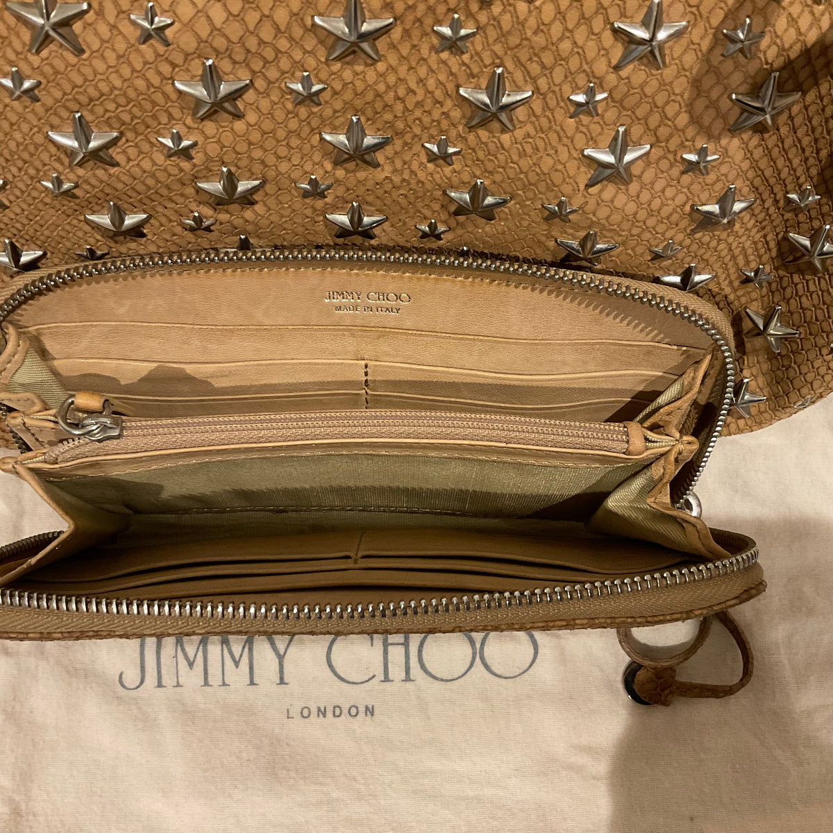 Jimmy Choo star studded clutch/zip round purse Camel OS