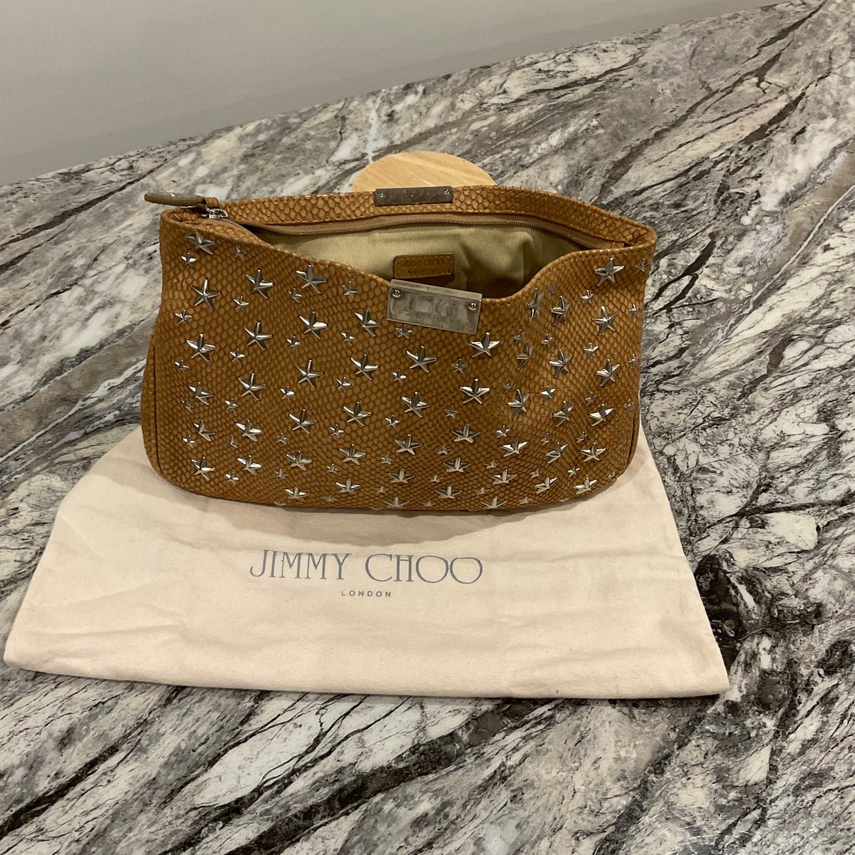 Jimmy Choo star studded clutch/zip round purse Camel OS