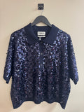 Essentiel Antwerp Top Sequin Front Polo Knit Jumper Midnight Large