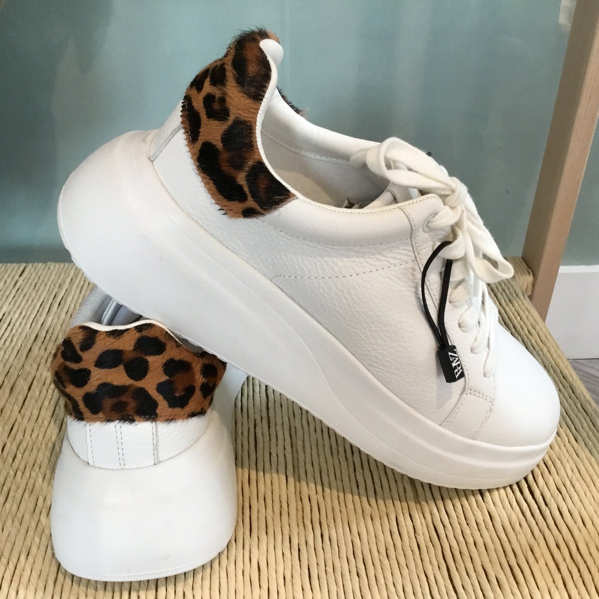 Zara leather flatform trainer White/Leopard 40