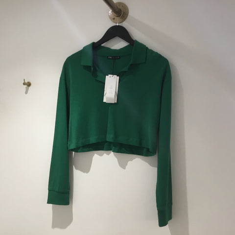 Zara crop Long Sleeved polo top Green Size Small