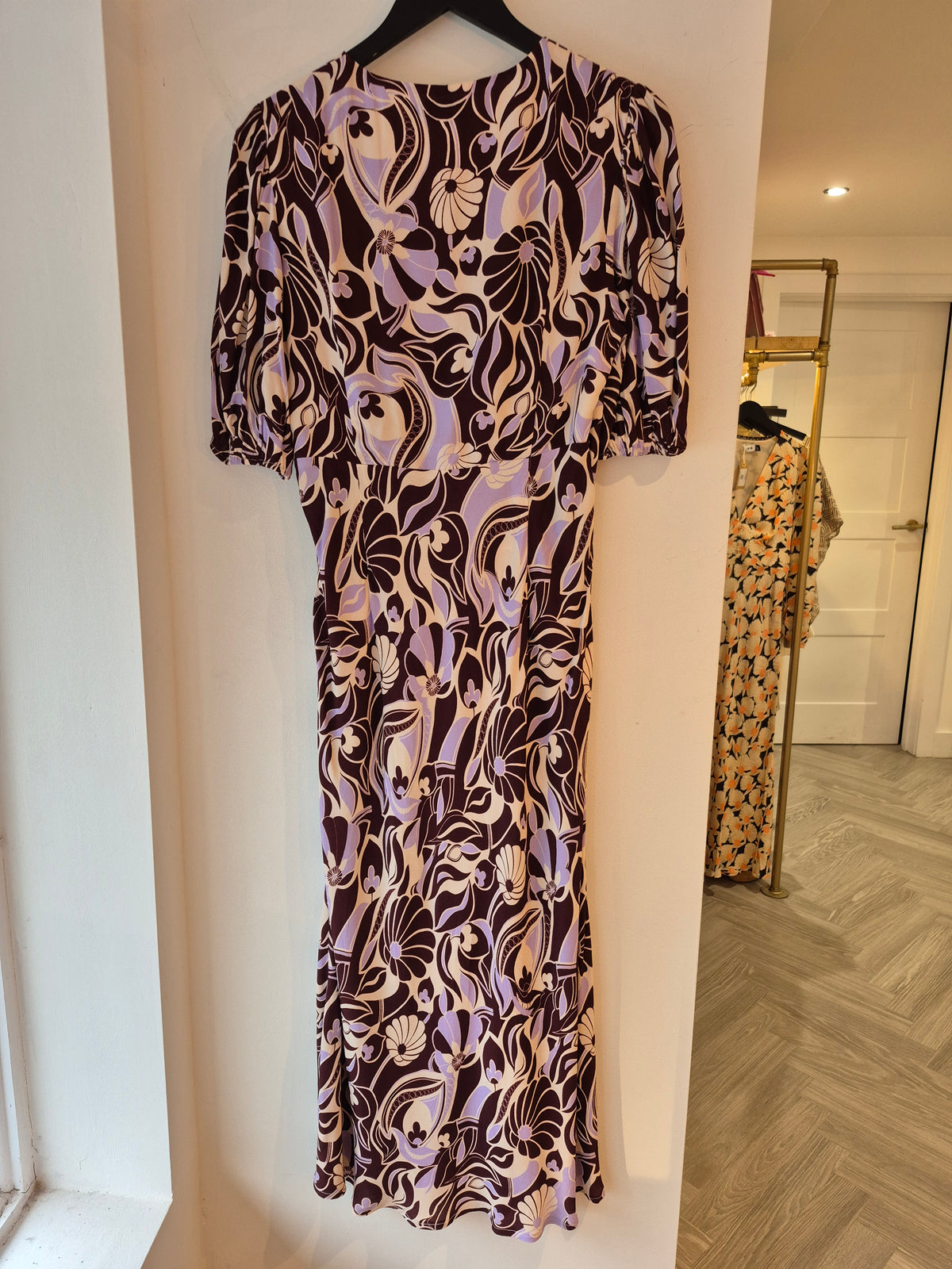 Rixo Silky Tea Dress Bold Print Lilac/Choc/Ivory Size 10