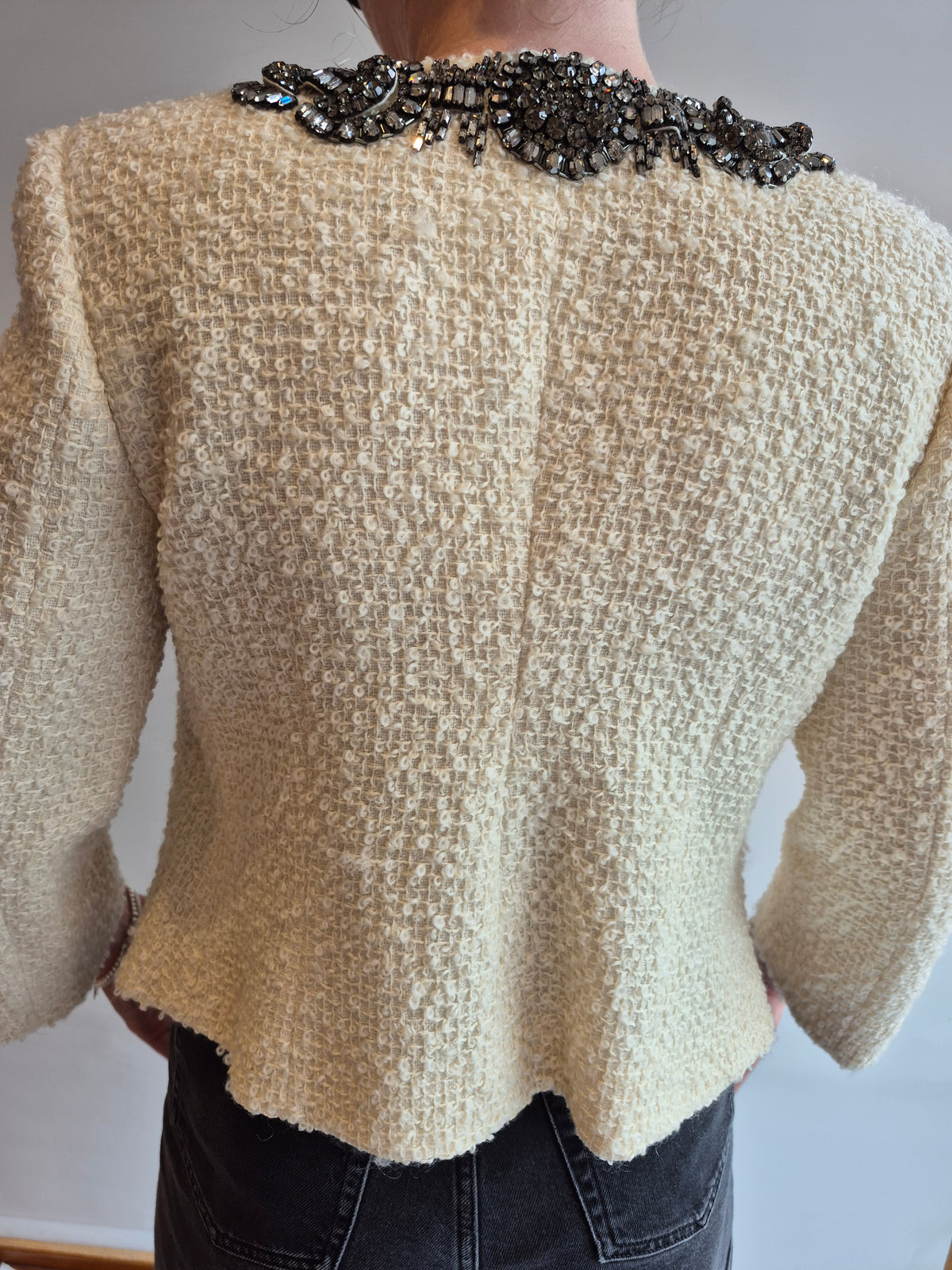 Gai Mattiolo Couture Vintage Boucle Jacket Cream/Black Diamond Crystal Size 10