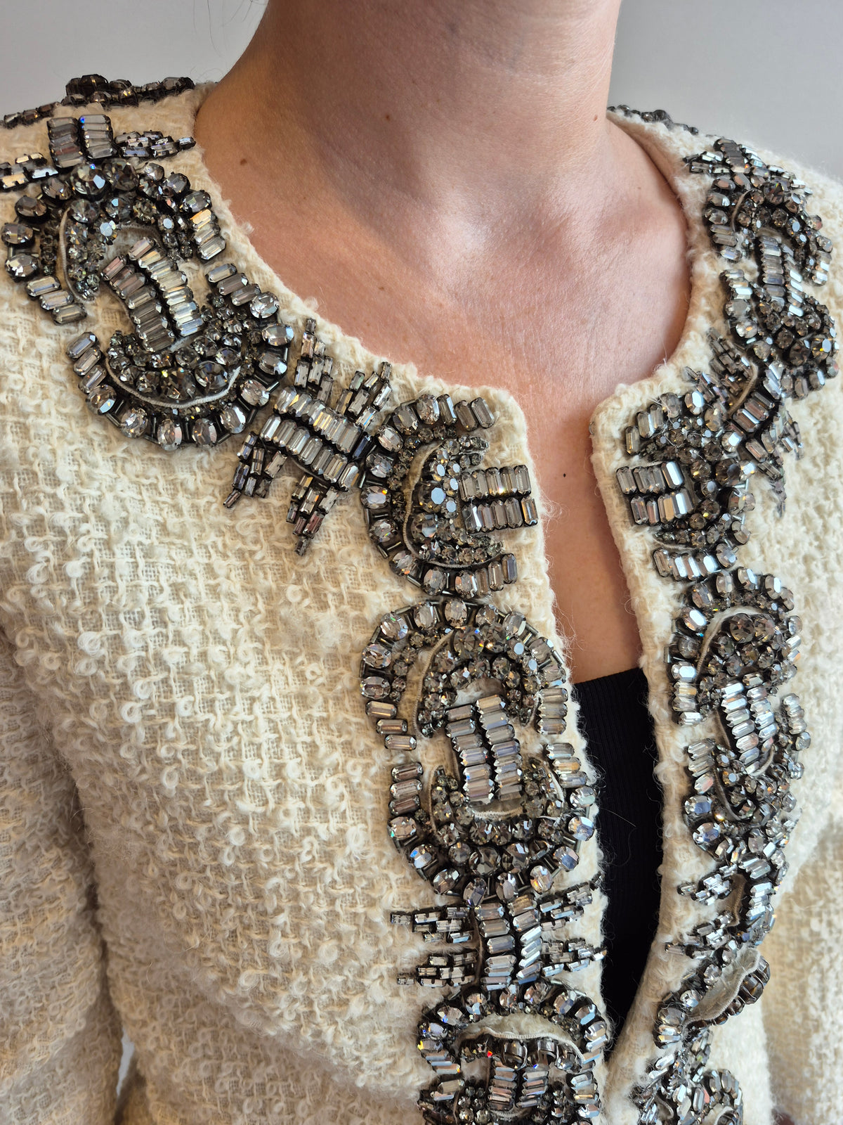 Gai Mattiolo Couture Vintage Boucle Jacket Cream/Black Diamond Crystal Size 10