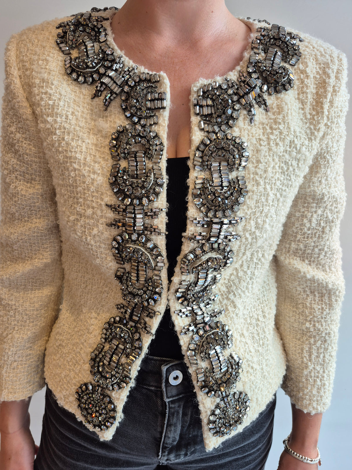 Gai Mattiolo Couture Vintage Boucle Jacket Cream/Black Diamond Crystal Size 10