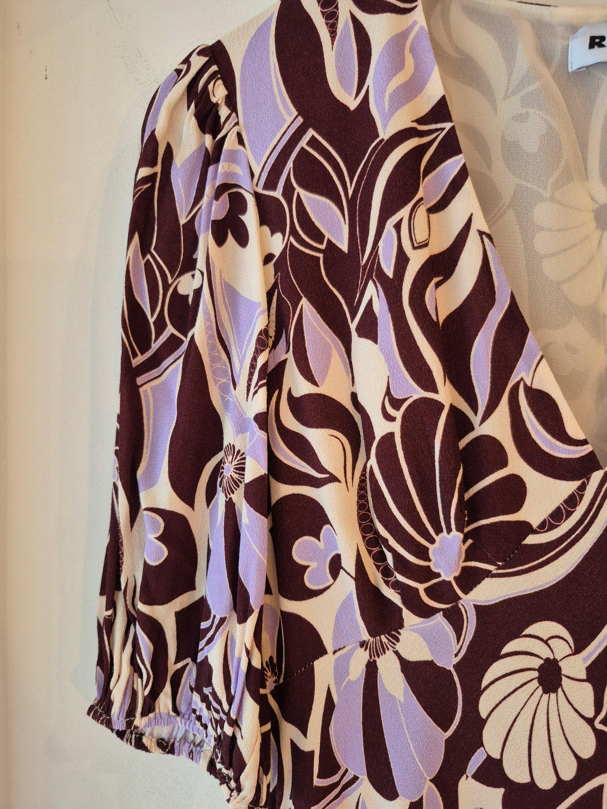 Rixo Silky Tea Dress Bold Print Lilac/Choc/Ivory Size 10