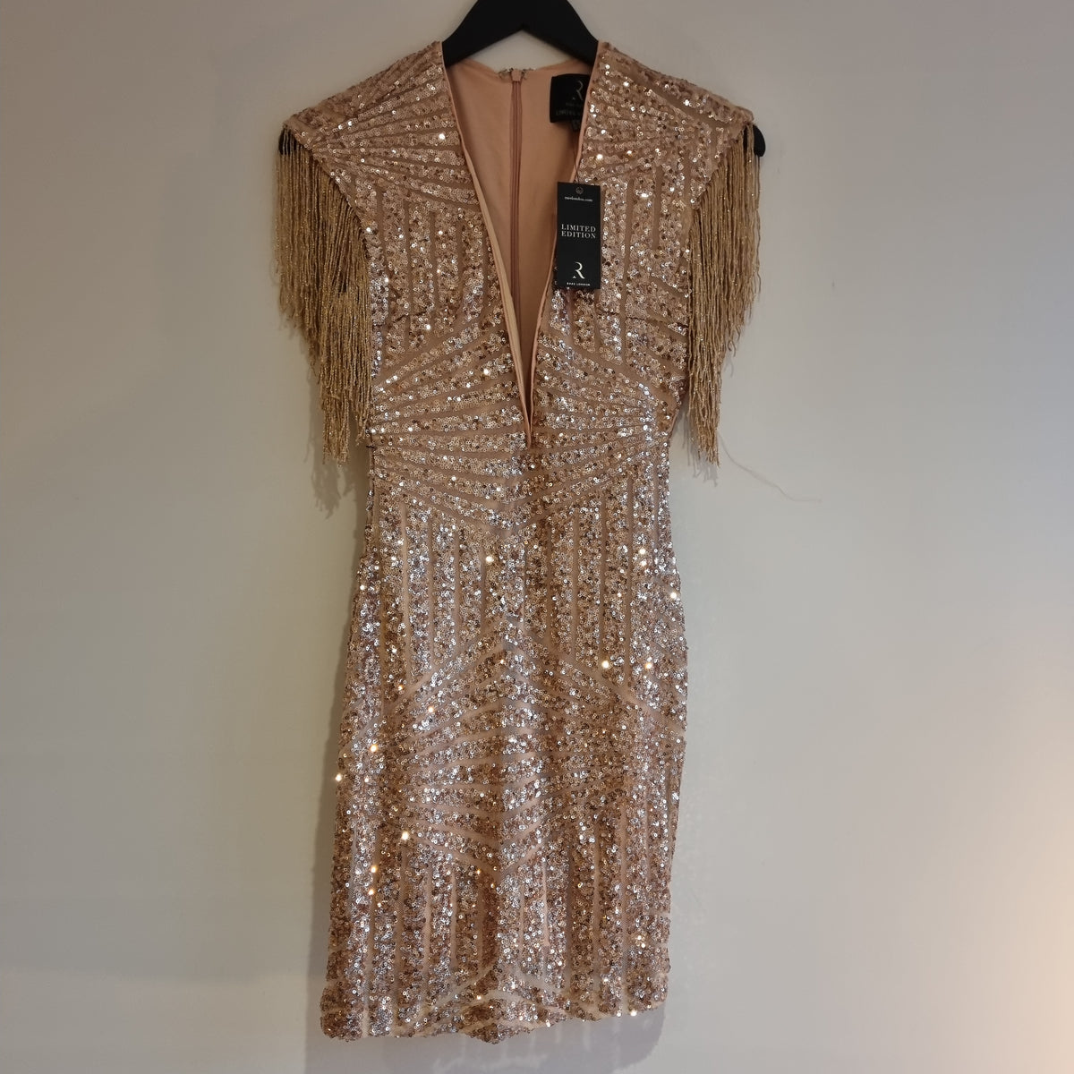 Rare London sequin plunge dress Gold Size 8