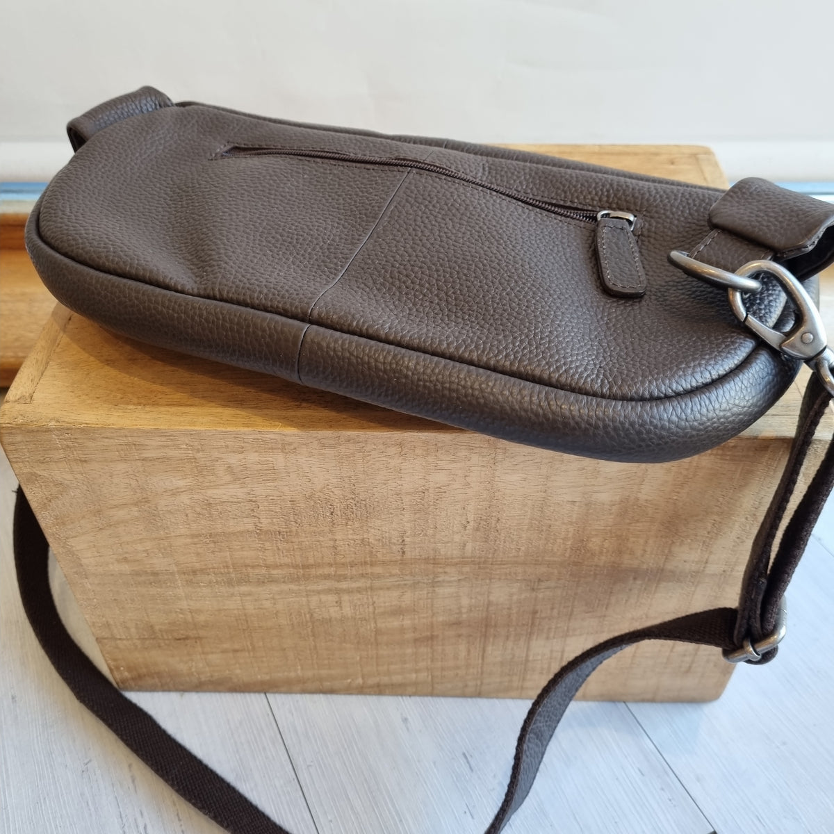 Folk leather grain slingover bag Choc OS