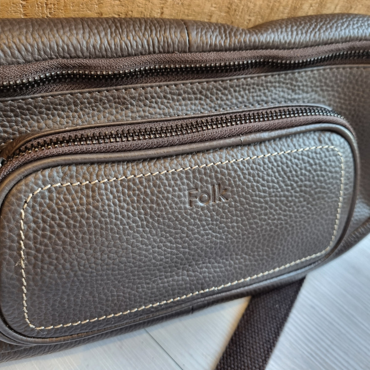Folk leather grain slingover bag Choc OS