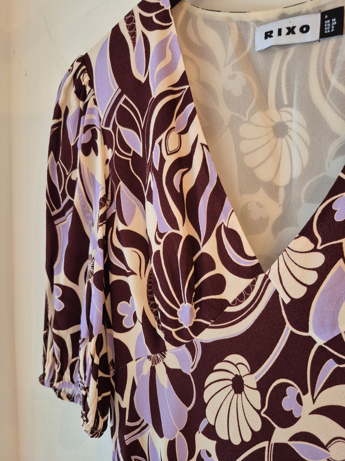 Rixo Silky Tea Dress Bold Print Lilac/Choc/Ivory Size 10