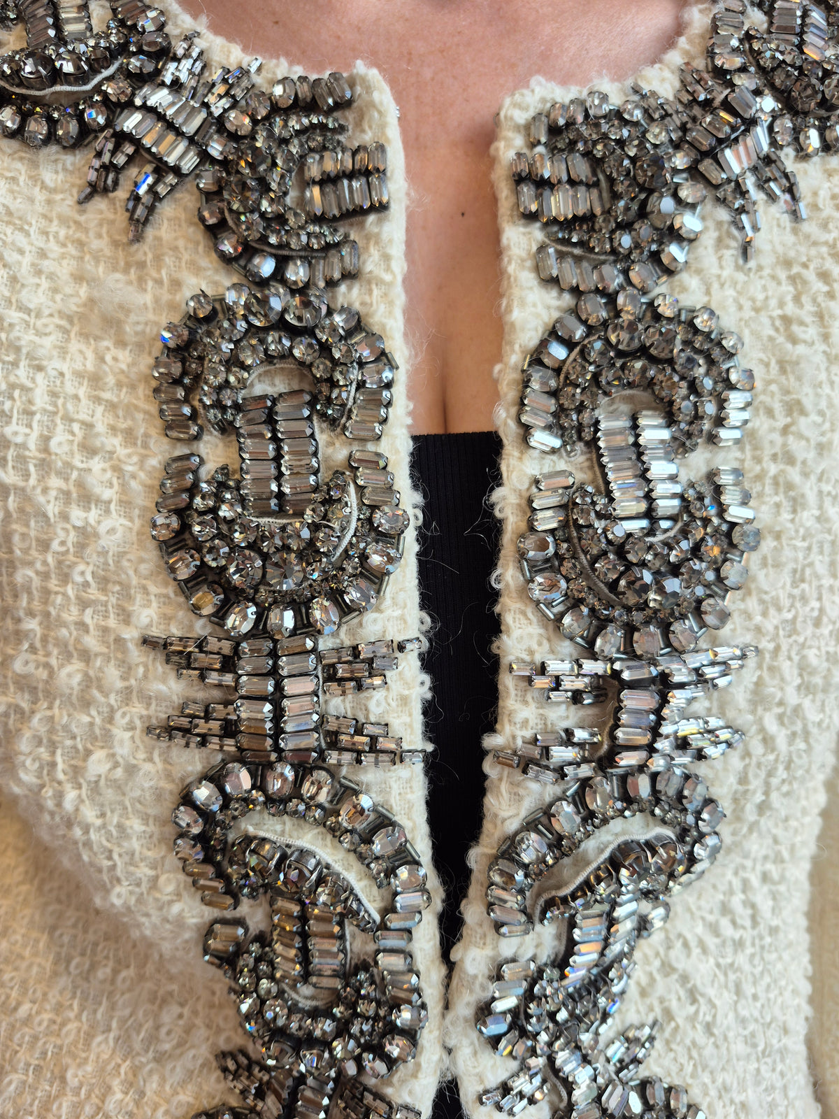 Gai Mattiolo Couture Vintage Boucle Jacket Cream/Black Diamond Crystal Size 10