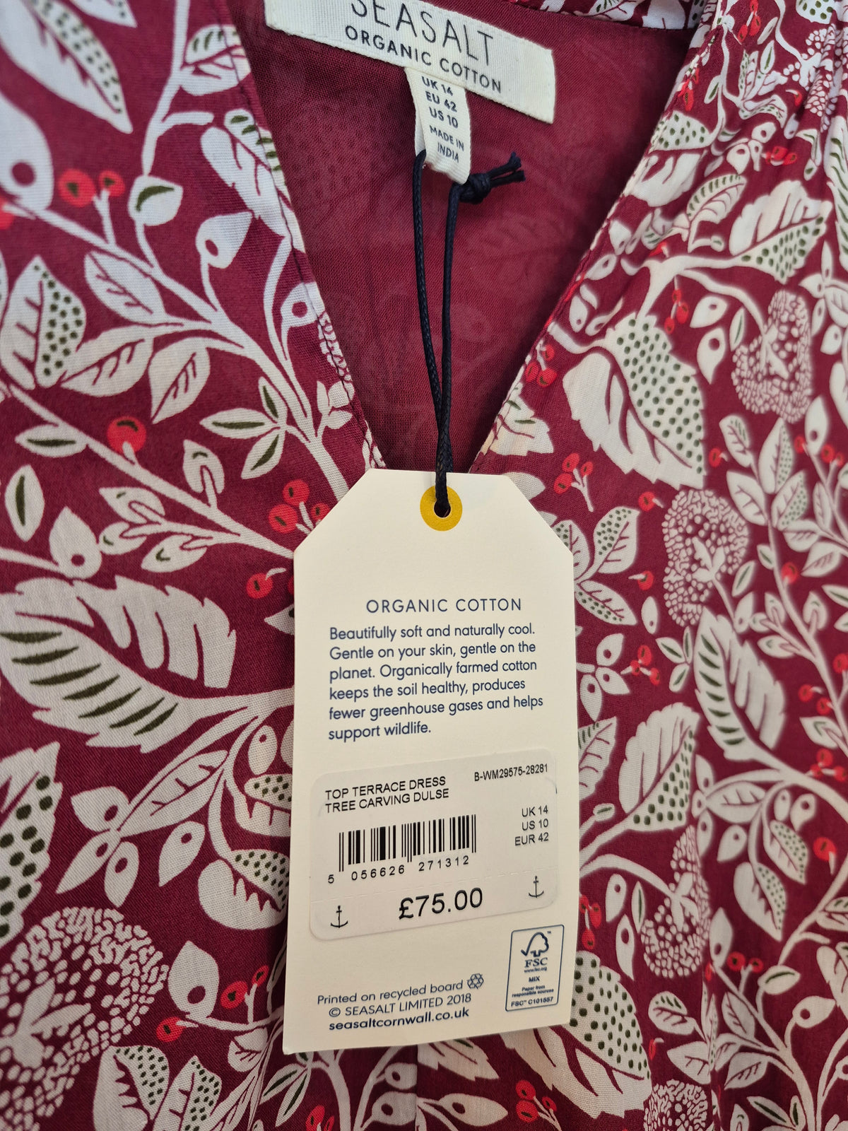 Seasalt Cornwall Tree Carving Print dress Wine/White Size 14