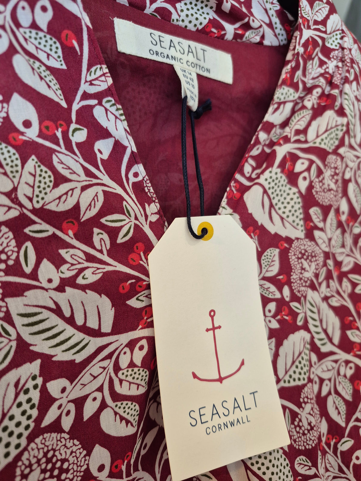 Seasalt Cornwall Tree Carving Print dress Wine/White Size 14